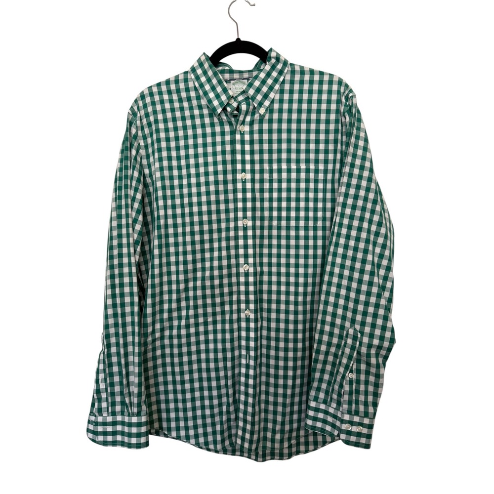 Brooks Brothers Milano Green Gingham Non-Iron Supima Cotton Shirt Mens L